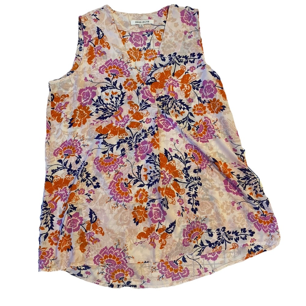 Rose + Olive Floral Sleeveless Blouse Womens Medium Boho Sheer Top Tunic Fairy